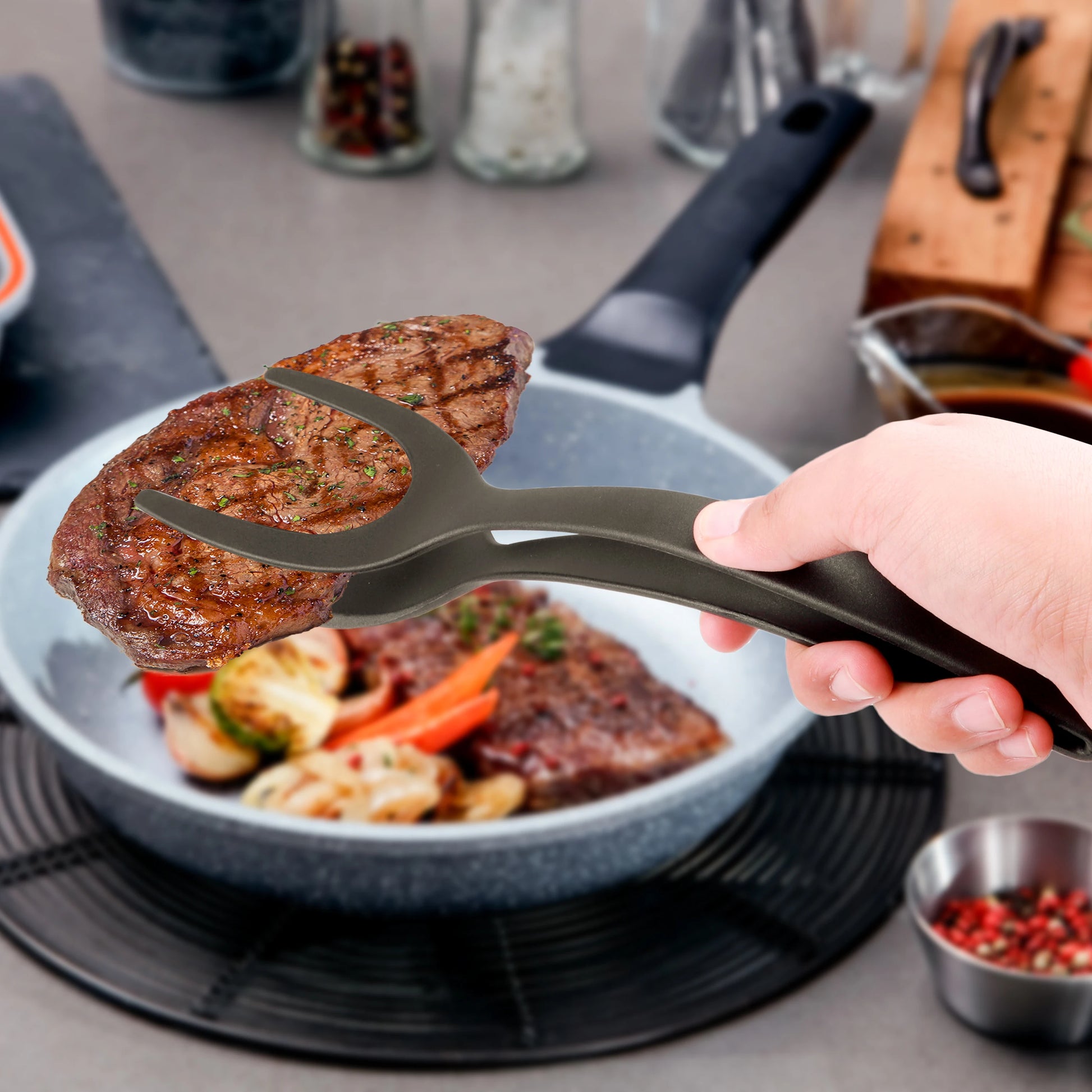 Flip Grip™ - 2-in-1 Nylon Grip Flip Tongs and Egg/Steak Spatula Tongs with Clamp for Pancakes and Fried Foods